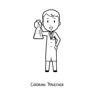 Coloring page of a cartoon scientist holding a volumetric flask