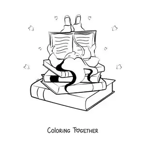 Coloring page of a girl lying on a pile of books reading
