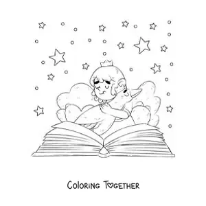 Coloring page of a princess hugging a goose coming out of an open book