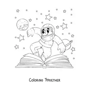 Coloring page of an astronaut in space coming out of an open book