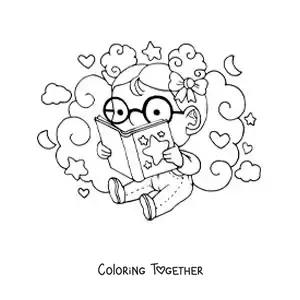 Coloring page of a girl with glasses sitting and reading