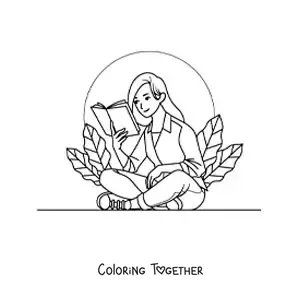Coloring page of a girl sitting and reading surrounded by plants