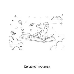 Coloring page of a girl flying while sitting on an open book