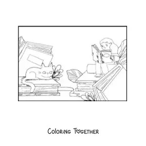 Coloring page of a girl sitting on books reading next to her cartoon cat