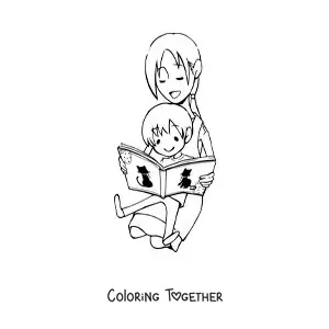 Coloring page of a mother reading with her child sitting on her lap