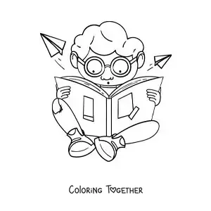 Coloring page of a boy with glasses sitting and reading in amazement