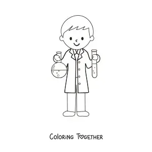 Coloring page of a cartoon scientist with a test tube and a flask