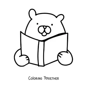 Coloring page of a cute kawaii bear reading
