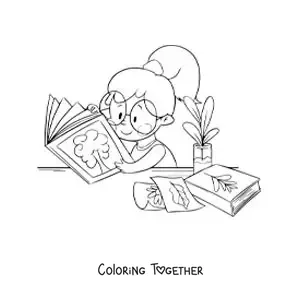 Coloring page of a girl reading about botany at a desk