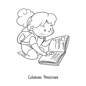 Coloring page of a girl with a backpack reading while sitting on the floor