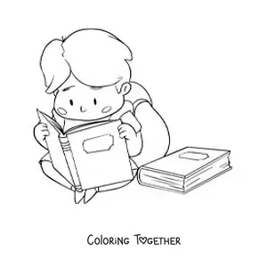 Coloring page of a boy with a backpack reading while sitting on the floor
