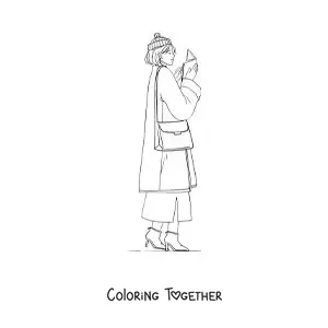 Coloring page of a woman in a coat reading while walking