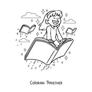 Coloring page of a happy girl flying on an open book