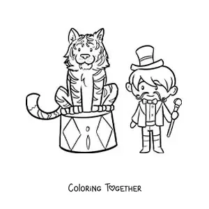 Coloring page of a circus tamer next to a cartoon tiger