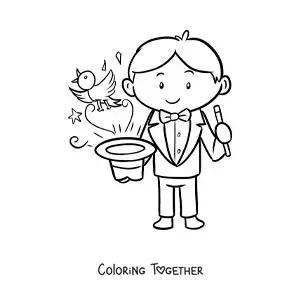 Coloring page of a circus magician performing a trick