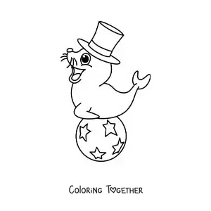 Coloring page of a cartoon circus seal on a ball