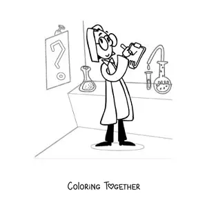Coloring page of a mad scientist in a laboratory