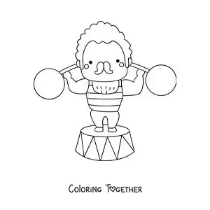 Coloring page of a circus strongman lifting weights
