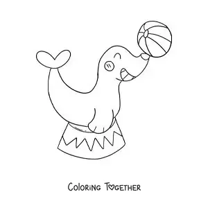 Coloring page of a cartoon of a circus seal balancing a ball