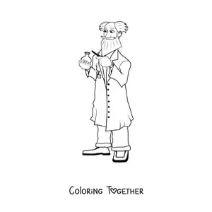 Coloring page of a mad scientist holding an experiment