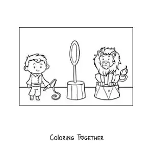 Coloring page of a circus tamer and a cartoon lion