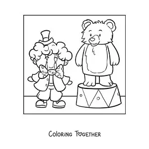 Coloring page of a circus clown and a cartoon bear