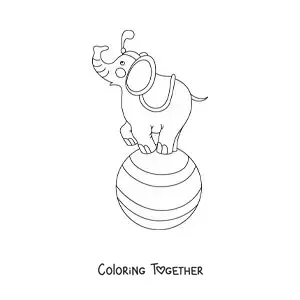 Coloring page of a cartoon circus elephant on a ball