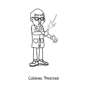 Coloring page of a mad scientist with a failed experiment