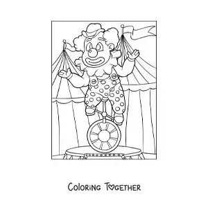 Coloring page of a clown on a unicycle at the circus