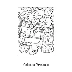 Coloring page of a clown next to circus animals