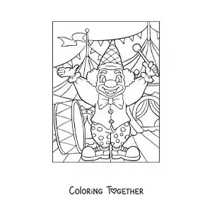 Coloring page of a clown playing the bass drum at the circus