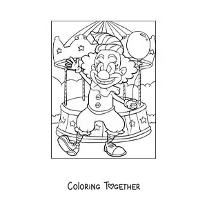 Coloring page of a clown with a balloon on a carousel