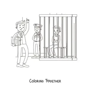 Coloring page of a lawyer defending a client in prison