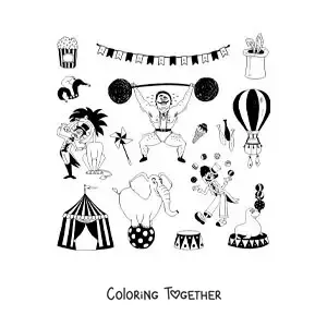 Coloring page of cartoon circus characters