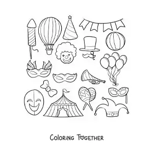 Coloring page of circus masks, hats and props