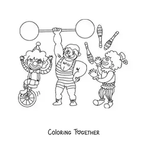 Coloring page of a clown, a strongman and a circus juggler
