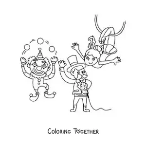 Coloring page of a clown juggler, a magician and a circus acrobat