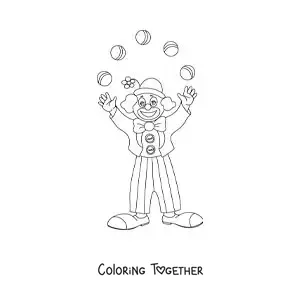 Coloring page of a carnival clown juggling