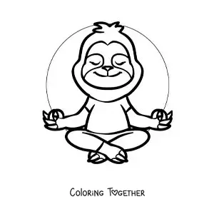 Coloring page of a cartoon sloth meditating