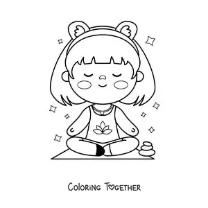 Coloring page of a cute cartoon kawaii girl meditating