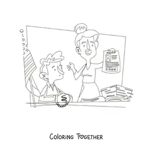 Coloring page of a cartoon woman lawyer defending a client