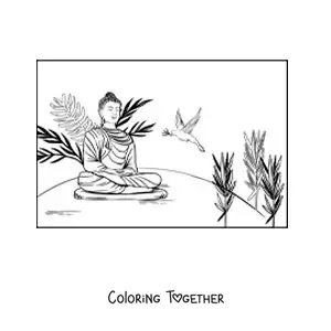 Coloring page of buddha sitting and meditating next to a dove