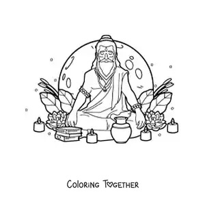 Coloring page of a Hindu guru sitting and meditating with candles