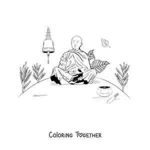 Coloring page of a Buddhist monk sitting in meditation beside a bell