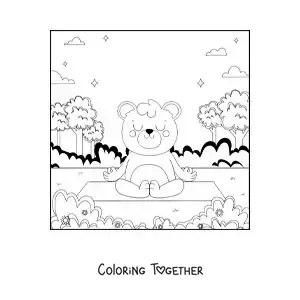 Coloring page of a cartoon bear meditating in the park