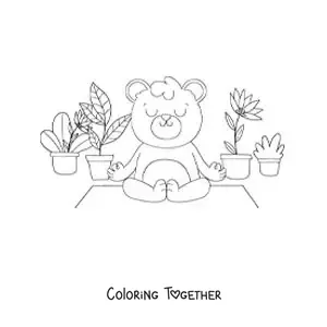 Coloring page of a cartoon bear meditating surrounded by plants
