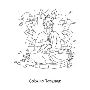Coloring page of a guru meditating with a mandala in the background