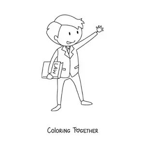 Coloring page of a cartoon lawyer holding law books