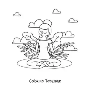 Coloring page of a girl meditating in the park