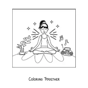 Coloring page of a girl meditating at home with music
